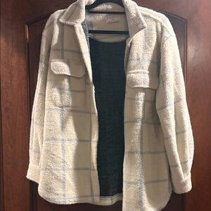 Z Supply Women's Soft Cream and Blue Plaid Teddy Jacket